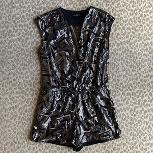 Alice & Trixie Silver and Black Metallic Romper, size M.